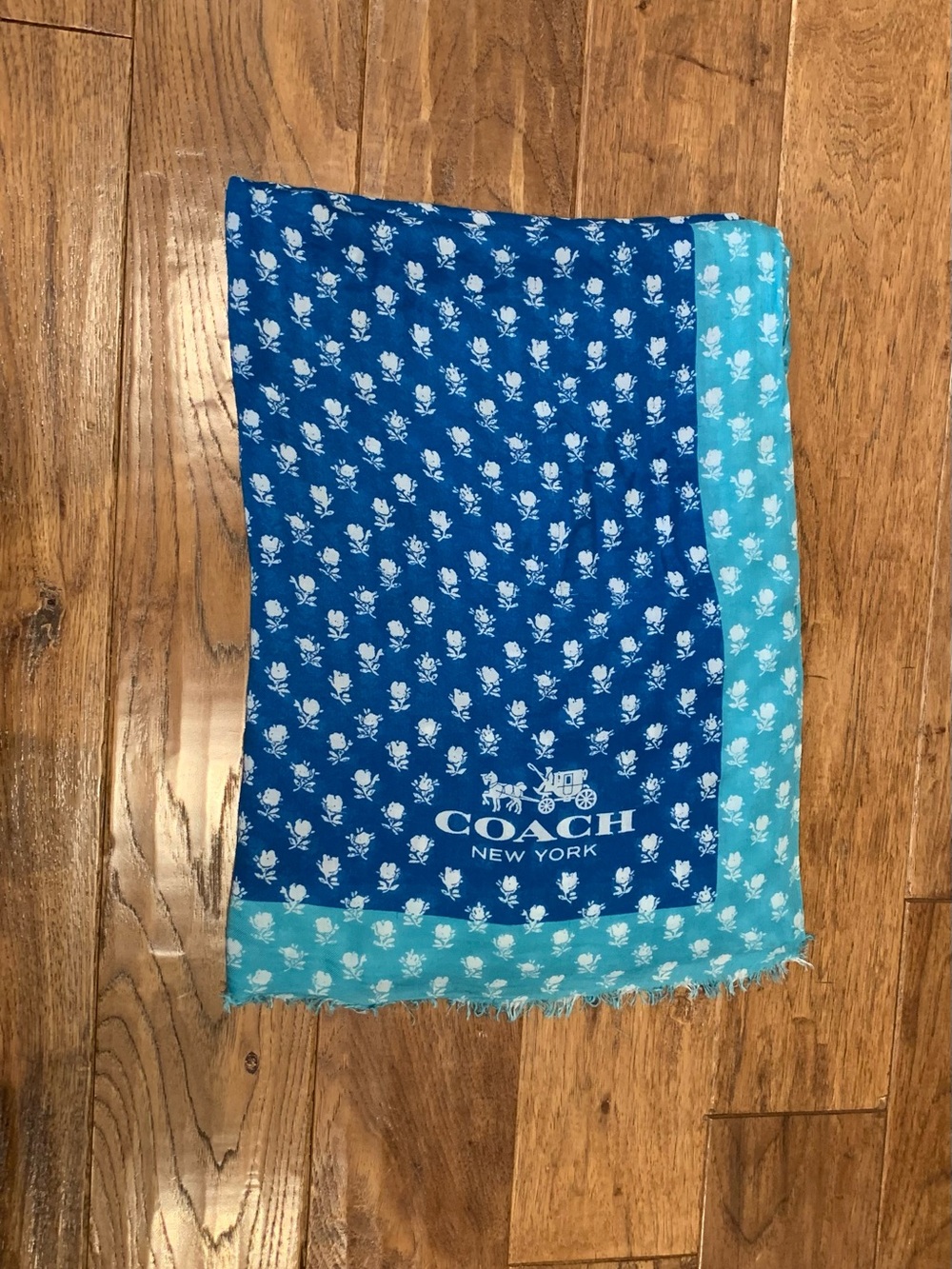 Coach Blue and Turquoise Floral Logo Scarf